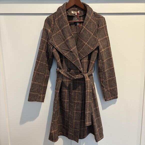 Solitaire Coat Womens Large Brown Plaid Wool Blend Belted Trench Pockets Classic - Picture 1 of 15